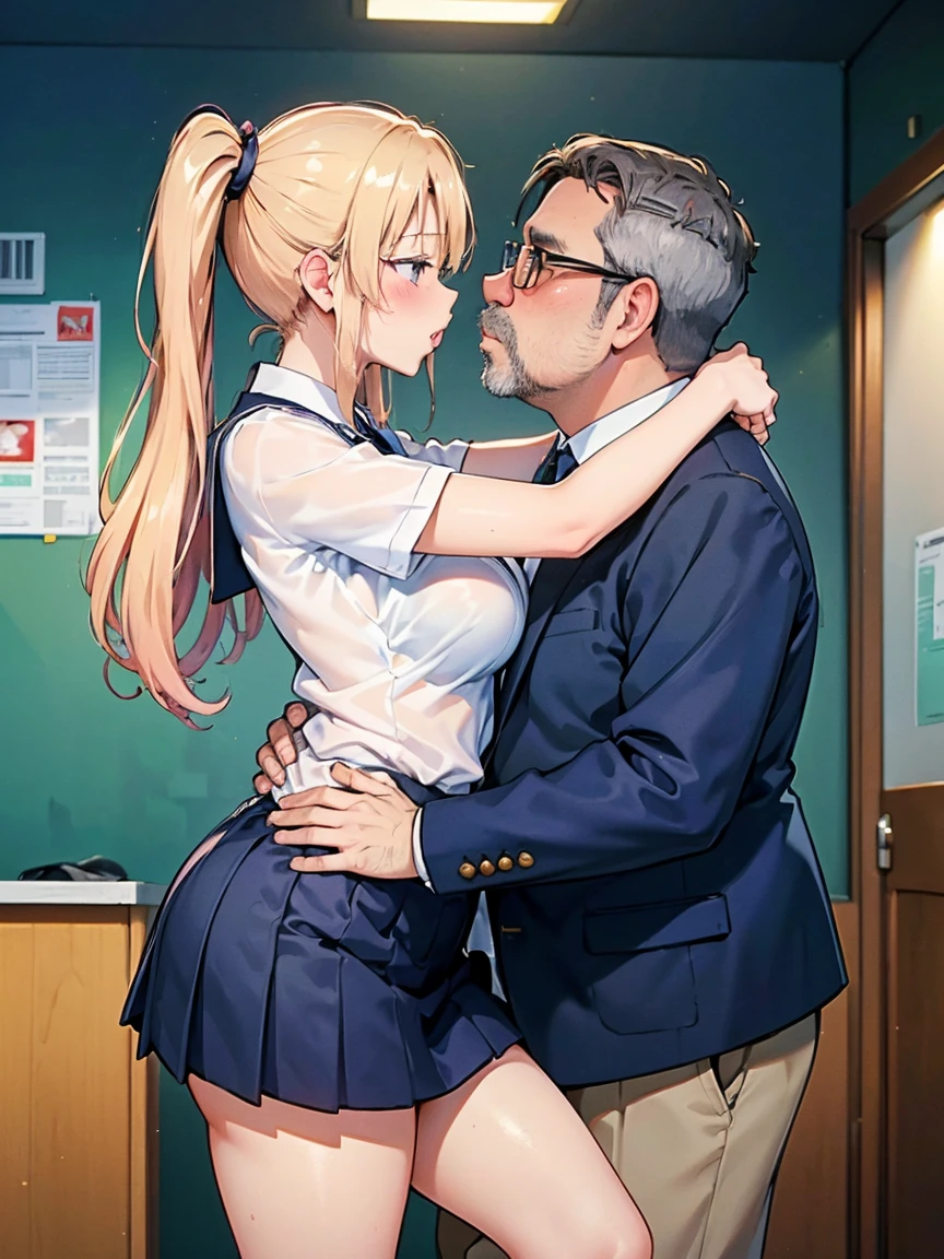 ( One Girl ,  fat middle-aged men who commit crimes until morning:1.2),   white shirt,  miniskirt, , ({{kissu), (),  office,  very detailed bust,  high definition , 4K, masterpiece,  high definition 、( my clothes are see-through :1.2)、 Twin Tails ,Big Breasts, Knee High Socks, high school girl, school uniform, navy blue blazer,