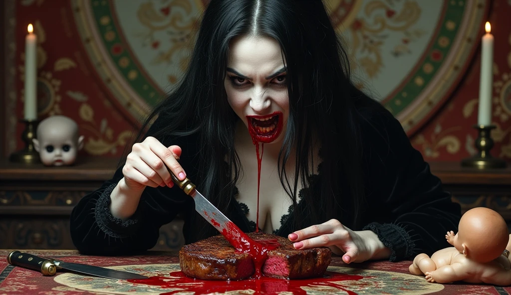 hyper realistic, decapitated female head on a plate, covered in flesh, full of blood on face, pale colour skins, white pale, ((eyes closed)), served like a food dish, bloody, photorealistic, 4K, Nikon, horror, ahegao face, tongue out, realistic blood, fresh blood on plate, indonesian,
