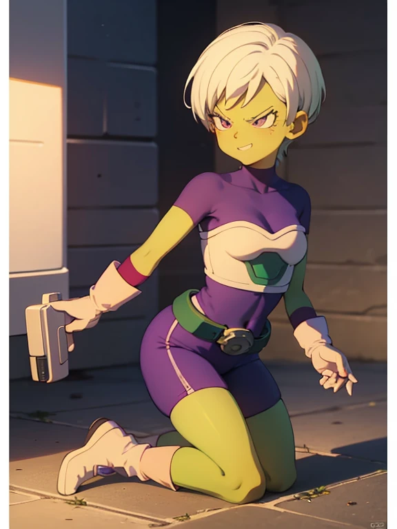   source  _animated,  score_9,  score_8_above,  score_7_above, animated screencap,  absurdres,
cheelai, Official style, 1 girl, Alone, breasts,  looking at the spectator, smile,  short hair, roca, canon, holding, purple eyes, Arm,  white hair, Teeth, holding Arm, smile, pistol,  kneeling , holding pistol, one knee,  colored leather t-shirt, green skin, explorers, Armdura saiyajin,  strapless ,  torn clothing ,  torn underwear , tight skin, purple shirt,  short sleeves , purple bracelet ,  white gloves ,  belt,  broken bicycle shorts,  purple bottom clothing , socks,  purple leg wear , , white shoes, two-tone shoes ,  wind lift ,  V-shaped eyebrows, Ojos en forma de V,  looking at another small ,  tabs , dirty, dirty clothes, dirty face,  pointing to another 
