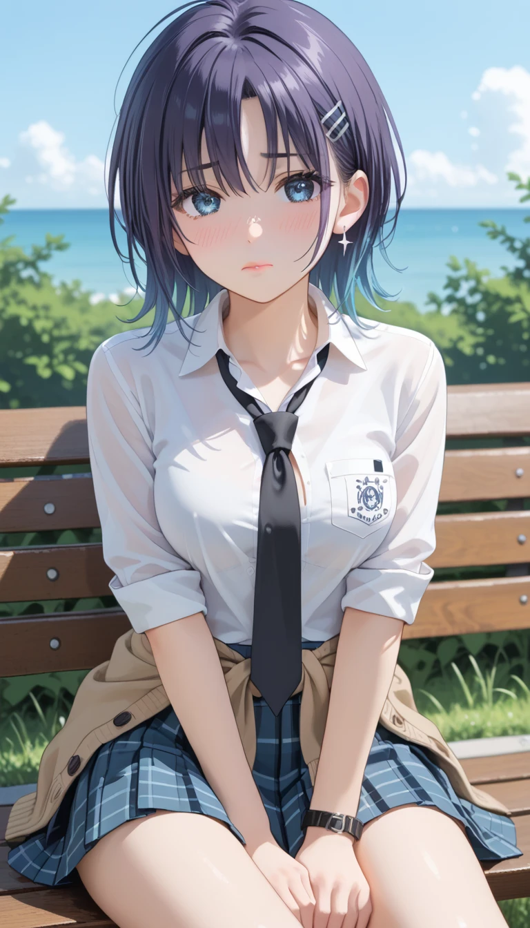 score_9, score_8_up, score_7_up, rating_explicit, source_anime, masterpiece, best quality, delicate illustration, sharp line, sharp focus,from front,face focus:1.5,BREAK,

Toru Accra, Toru Asakura, Blue hair, earrings, Gradient Hair, multicolored hair, Parted bangs, Purple hair,1 very cute  girl,turime,seductive anime girl,  Very detailed hair description:1.5,Medium Hair:1.5,(hair between eyes:0.7),put hair over ears:1.5,ears:1.5,thin eyebrows:1.5,long eyelashes:1.5,Sharp Eyes:1.5,round Eyes:0.7,turime:1.7,Beautiful Lashes, Soft Lips,pink lips, (Medium breasts:1.3) , very pale skin,model body shape:1.3,BREAK,(red cheek,nose blush),

(white shirt , Long Sleeve),Break Cardigan, Cardigan around the waist, clothes around waist, loose necktie, Open collar, Plaid, plaid skirts, Pleated skirt, School uniform, Skirt, sleeves rolled up, 
black rubber hair clip on wrist,black tie,BREAK,


nrfw,the 1girl , sad,(troubled eyebrows:1.5,) ,BREAK,

NSFW,sit on a bench:1.5,close legs:1.5,hand between legs:1.5,forward bending posture:1.7,

beautiful park, sunset lit coming in:1.5, nonlooking at viewer:1.5,