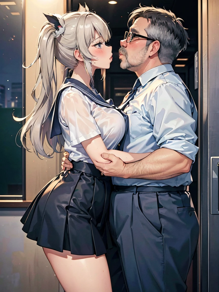 ( One Girl ,  fat middle-aged men who commit crimes until morning:1.2),   white shirt,  miniskirt, , ({{kissu), (),  office,  very detailed bust,  high definition , 4K, masterpiece,  high definition 、( my clothes are see-through :1.2)、 Twin Tails ,Big Breasts, Knee High Socks, high school girl, school uniform, navy blue blazer,