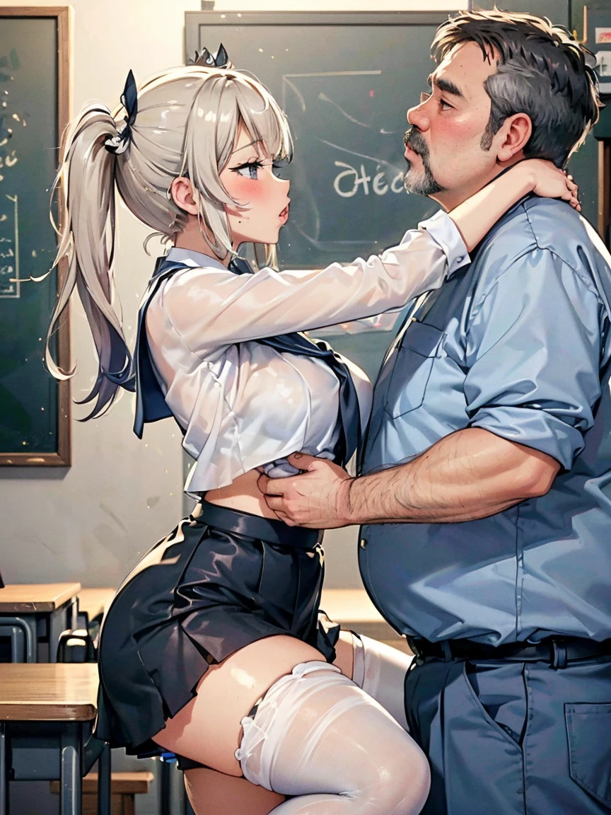 (One , A fat middle-aged man:1.2), 破れたpantyhose, pantyhose, White shirt, Pencil Skirt, blush, French kiss, hug, ((Big Breasts)), office, Very detailed, High resolution, 4K, masterpiece, High resolution、(tears:1.8)、(rape)、(Sex)、Straddle a man、Wall、be scared