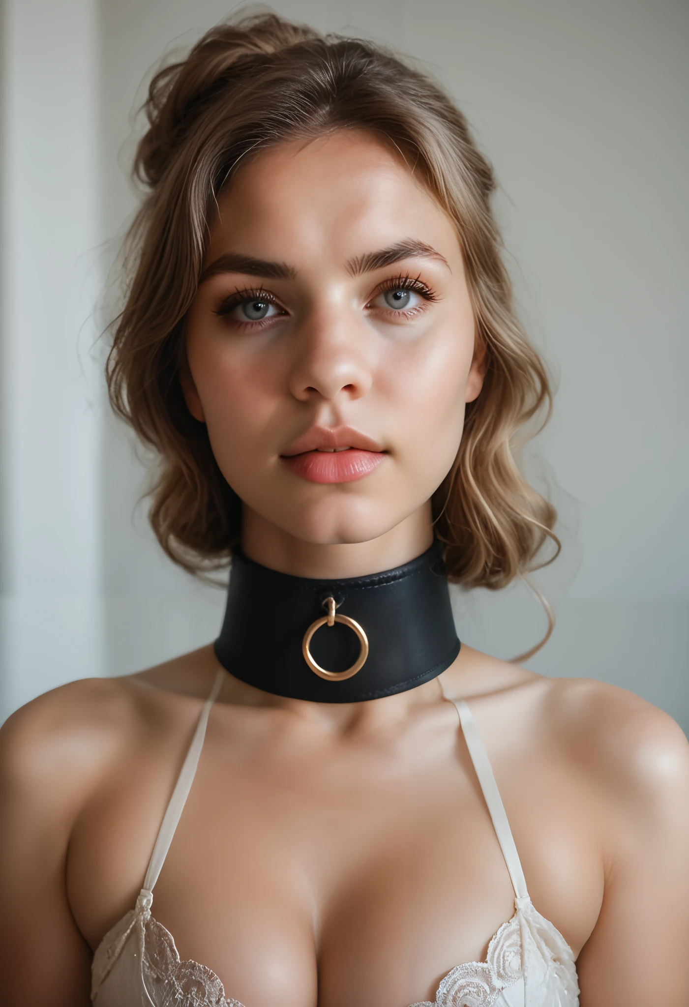 A slut in stockings and posture collar, full body, realistic photo, 8k, photorealistic, hyper detailed, high quality, masterpiece, beautiful detailed eyes, beautiful detailed lips, extremely detailed face, long eyelashes, intricate details, flawless skin, dramatic lighting, dramatic shadows, cinematic composition, moody atmosphere, vivid colors, dark palette, chiaroscuro lighting