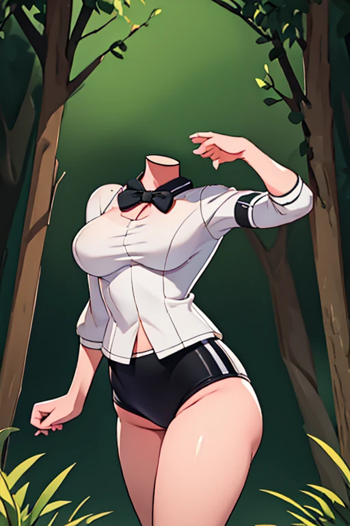 (masterpiece, highest quality), 1  Headless Girl  , beautiful body,  wearing a Black gymnastics bloomers, High leg、white blouse,    cowboy shot、Are standing、full body portrait、alone, complex details, enlarged textures, complex details, finely detailed , intricate details, perfect body, extremely detailed, (), extremely realistic 3d,In a dark forest ,Headless Girl 