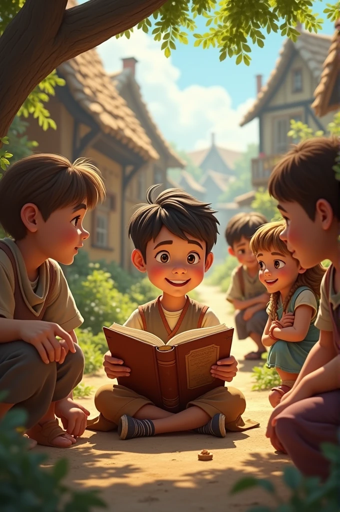 A boy shares the book he found with other children in the palace.