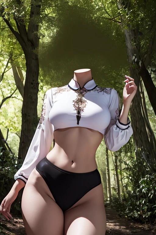 (masterpiece, highest quality), 1  Headless Girl  , beautiful body,  wearing a Black gymnastics bloomers, High leg、white blouse,    cowboy shot、Are standing、full body portrait、alone, complex details, enlarged textures, complex details, finely detailed , intricate details, perfect body, extremely detailed, (), extremely realistic 3d,In a dark forest ,Headless Girl 