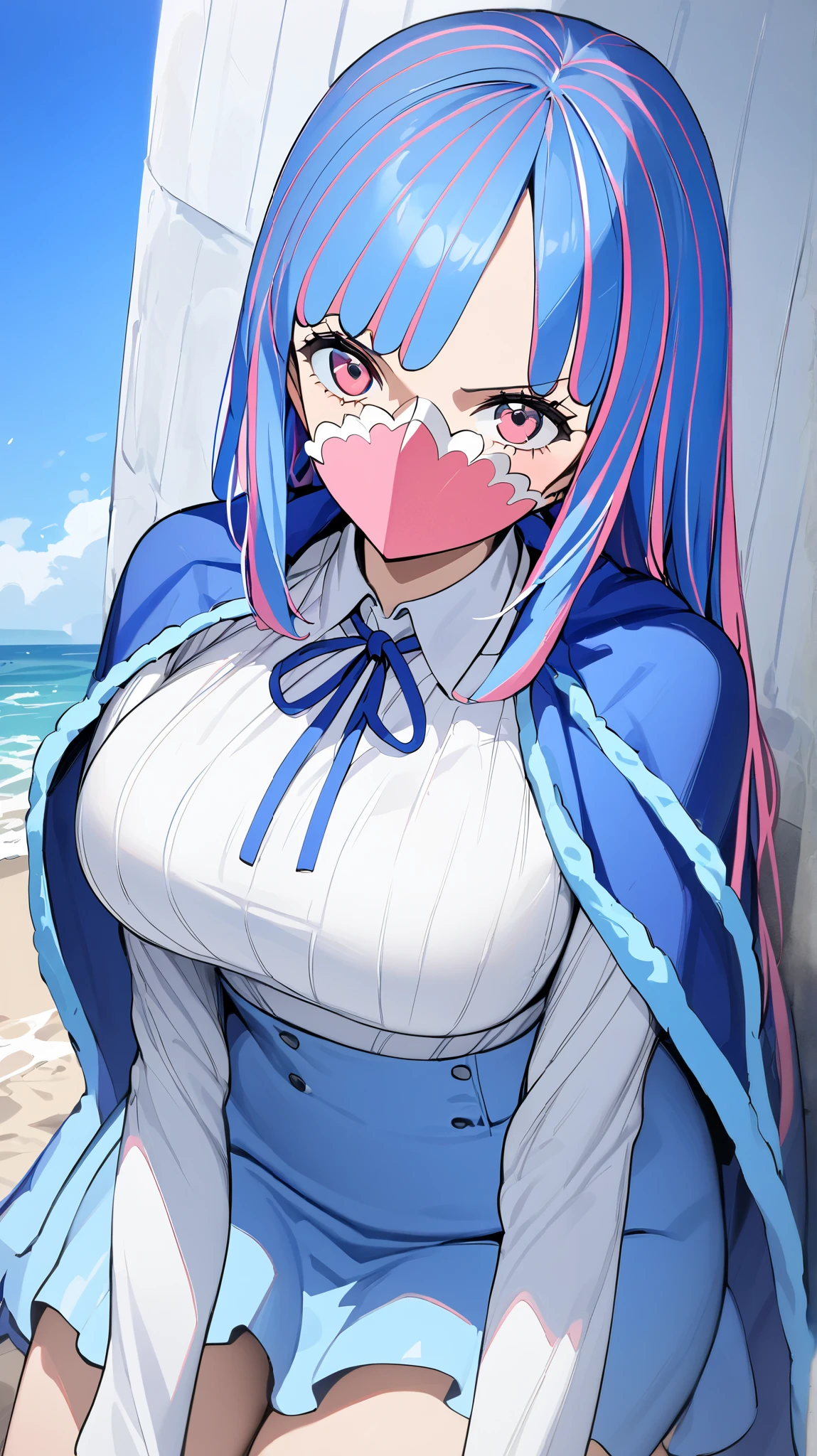  top quality, masterpiece,  high definition , 

 adult ,  long hair,   Multi Colored Hair  ,  blue hair,  , White corner,  pink eye, ,  pink mask, neck ribbon, Blue Cape ,  Ribbed knit shirt,  white shirt,  Long Sleeve ,  High Waist Skirt ,  blue skirt, 1 girl , solo, Seaside, high angle, slightly larger breasts, on all fours
