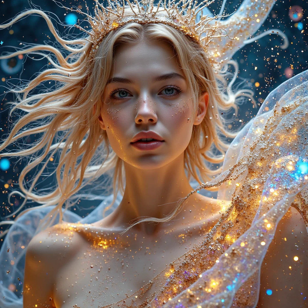 Stunning 18 year old girl, blonde and curly hair, detailed blue eyes, highest quality, Broken Glass effect, fractal background, stunning, something that doesn't even exist, mythical being, mysterious, (((perfect full body from the knee up))) , energy, molecular, textures, iridescent and luminescent scales, breathtaking beauty, pure perfection, divine presence, unforgettable, impressive, breathtaking beauty, volumetric light, auras, rays, vivid neon colors reflect.