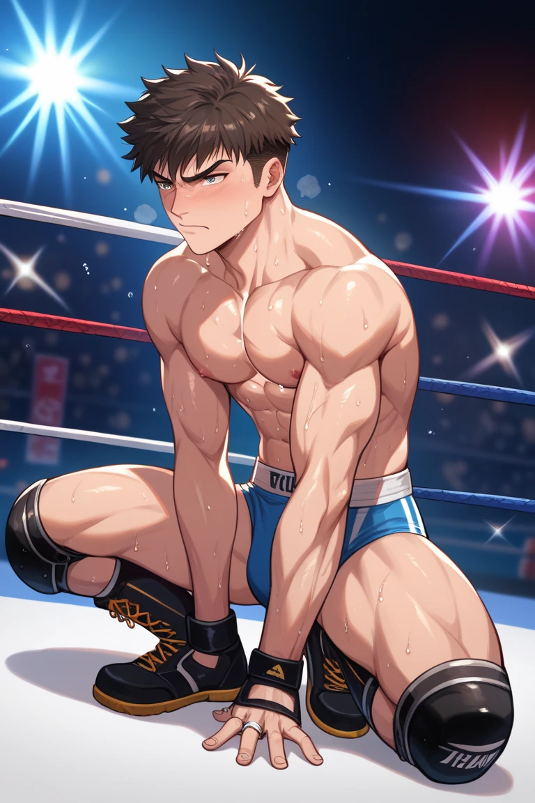 A pro wrestler boy is tied with ring ropes on the ring in an underground arena. BDSM. (High quality illustration:1.1), intricate details, absurd resolution, (a high-teen pro wrestler boy:1.3), sweat, short cut hair, exhausted and disappointed expression, slim body, naked chest, (wearing a vivid competitive swim briefs and knee-pads:1.1, wrestling boots). good proportion. 