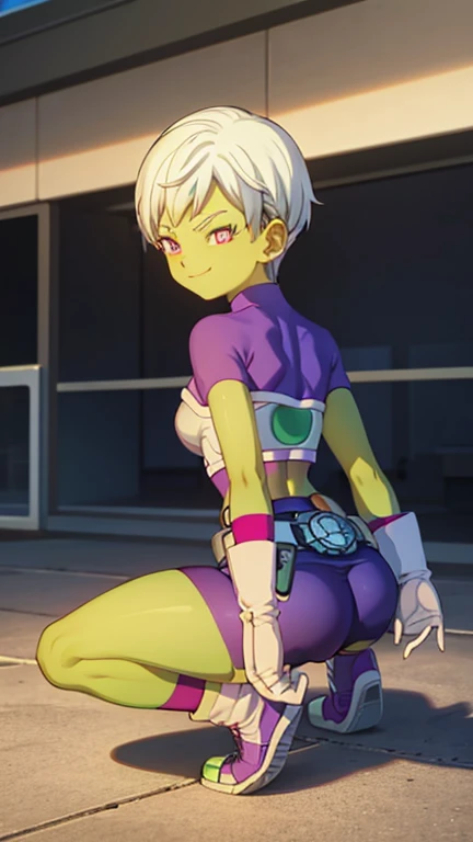  ,  looking at the spectator, smile,  short hair, roca, canon, holding, purple eyes, Arm,  white hair, Teeth, holding Arm, smile, pistol,  kneeling , holding pistol, one knee,  colored leather t-shirt, green skin, explorers, Armdura saiyajin,  strapless ,  torn clothing ,  torn underwear , tight skin, purple shirt,  short sleeves , purple bracelet ,  white gloves ,  belt,  broken bicycle shorts,  purple bottom clothing , socks,  purple leg wear , , white shoes, two-tone shoes ,  wind lift ,  seen from behind, small ass pe 