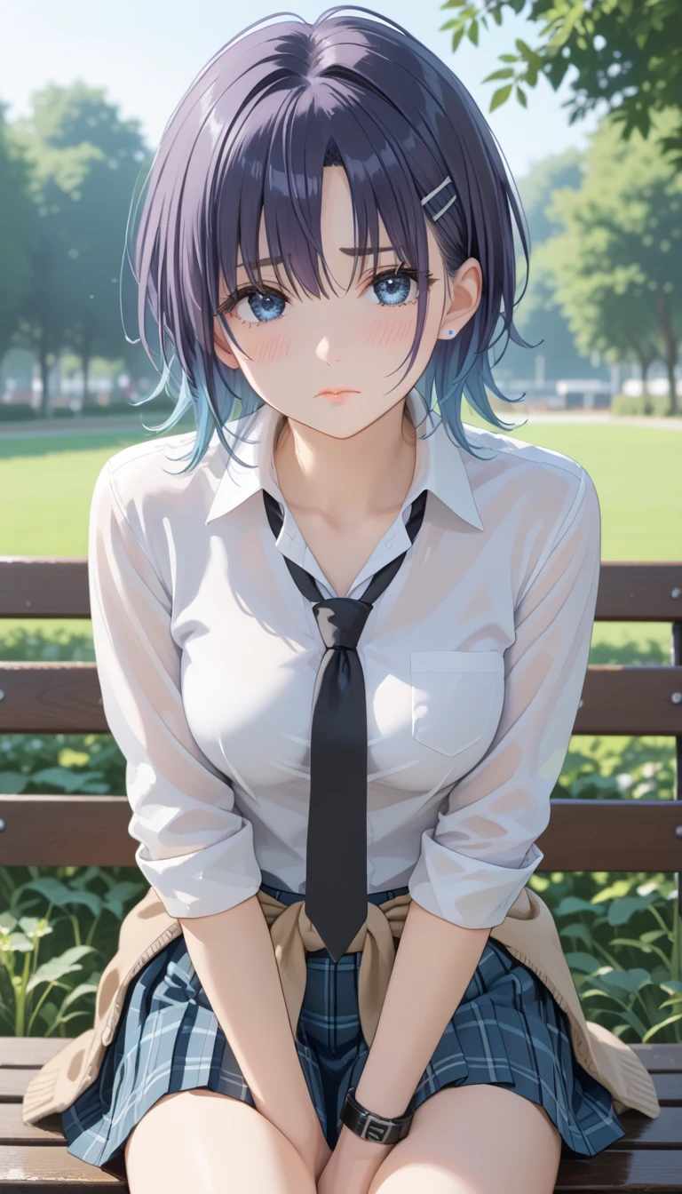 score_9, score_8_up, score_7_up, rating_explicit, source_anime, masterpiece, best quality, delicate illustration, sharp line, sharp focus,from front,face focus:1.5,BREAK,

Toru Accra, Toru Asakura, Blue hair, earrings, Gradient Hair, multicolored hair, Parted bangs, Purple hair,1 very cute  girl,turime,seductive anime girl,  Very detailed hair description:1.5,Medium Hair:1.5,(hair between eyes:0.7),put hair over ears:1.5,ears:1.5,thin eyebrows:1.5,long eyelashes:1.5,Sharp Eyes:1.5,round Eyes:0.7,turime:1.7,Beautiful Lashes, Soft Lips,pink lips, (Medium breasts:1.3) , very pale skin,model body shape:1.3,BREAK,(red cheek,nose blush),

(white shirt , Long Sleeve),Break Cardigan, Cardigan around the waist, clothes around waist, loose necktie, Open collar, Plaid, plaid skirts, Pleated skirt, School uniform, Skirt, sleeves rolled up, 
black rubber hair clip on wrist,black tie,BREAK,


nrfw,the 1girl , sad,(troubled eyebrows:1.5,) ,BREAK,

NSFW,sit on a bench:1.5,close legs:1.5,hand between legs:1.5,forward bending posture:1.7,

beautiful park, sunset lit coming in:1.5, nonlooking at viewer:1.5,