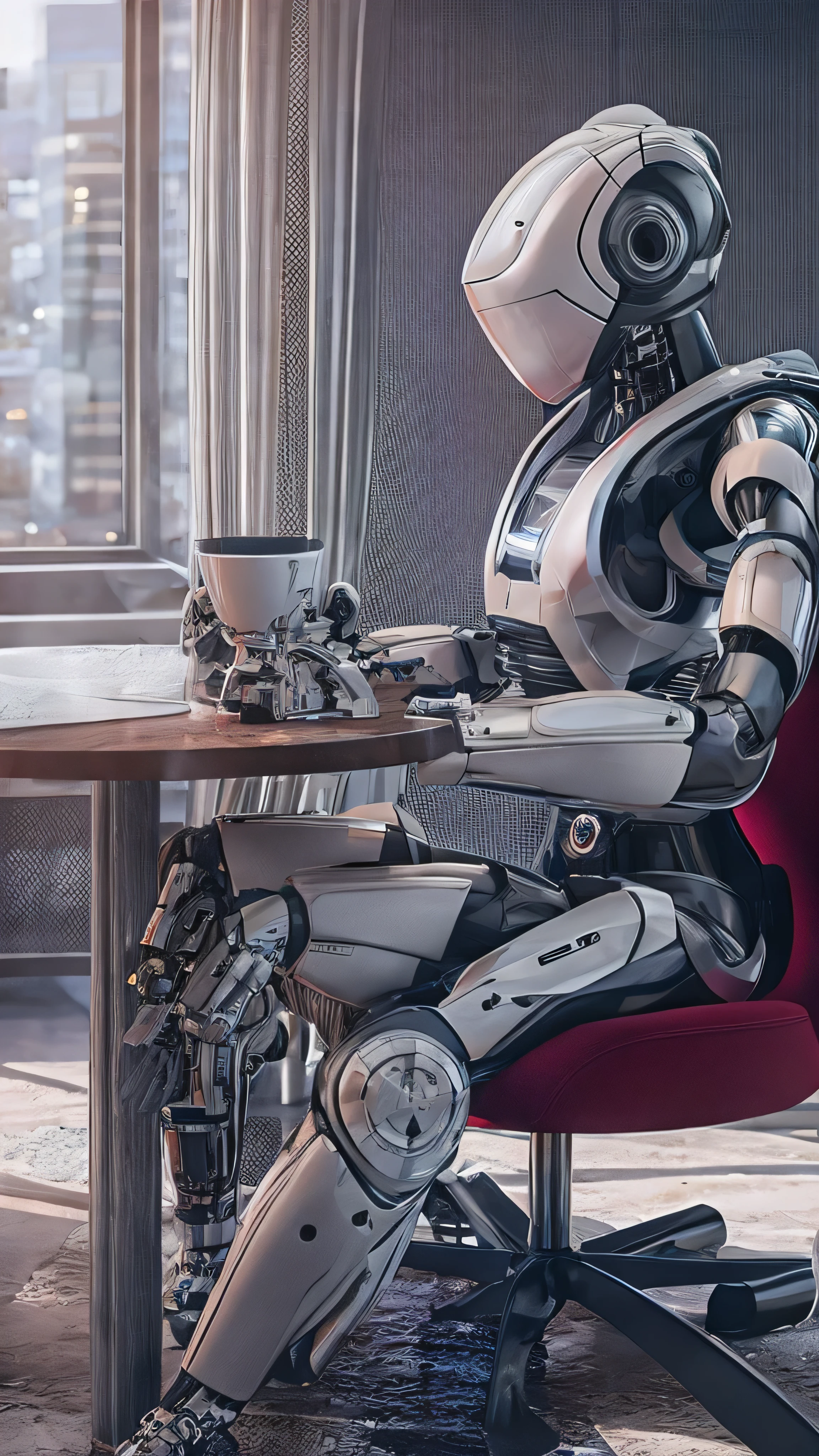  Robot Sitting on a Chair Drinking Coffee, CGSociety ), CGSociety 9,  Cyborg Movie Stills , Arita Photos, high definition CGSociety,  Cyborg Villain Movie Stills , CGSociety uhd highly detailed 4k, Cyborg Movie Pictures , Cool stills,  cybernetic , Highly Detailed Cyborg  