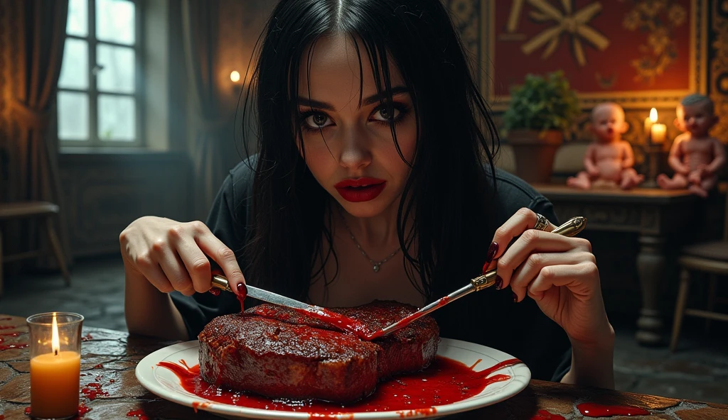 Mia Khalifa naked turned into a vampire eating a hamburger 