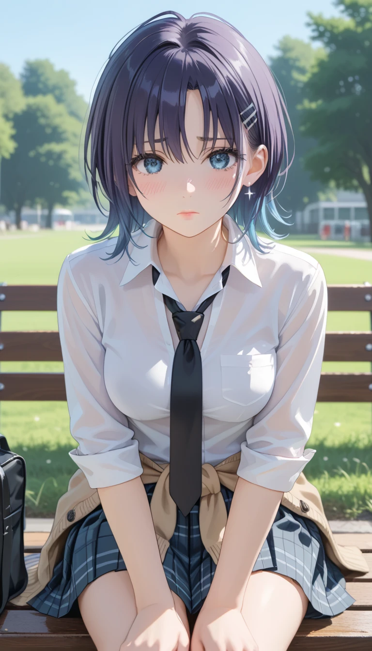 score_9, score_8_up, score_7_up, rating_explicit, source_anime, masterpiece, best quality, delicate illustration, sharp line, sharp focus,from front,face focus:1.5,BREAK,

Toru Accra, Toru Asakura, Blue hair, earrings, Gradient Hair, multicolored hair, Parted bangs, Purple hair,1 very cute  girl,turime,seductive anime girl,  Very detailed hair description:1.5,Medium Hair:1.5,(hair between eyes:0.7),put hair over ears:1.5,ears:1.5,thin eyebrows:1.5,long eyelashes:1.5,Sharp Eyes:1.5,round Eyes:0.7,turime:1.7,Beautiful Lashes, Soft Lips,pink lips, (Medium breasts:1.3) , very pale skin,model body shape:1.3,BREAK,(red cheek,nose blush),

(white shirt , Long Sleeve),Break Cardigan, Cardigan around the waist, clothes around waist, loose necktie, Open collar, Plaid, plaid skirts, Pleated skirt, School uniform, Skirt, sleeves rolled up, 
black rubber hair clip on wrist,black tie,BREAK,


nrfw,the 1girl , sad,(troubled eyebrows:1.5,) ,BREAK,

NSFW,sit on a bench:1.5,close legs:1.5,hand between legs:1.5,forward bending posture:1.7,

beautiful park, sunset lit coming in:1.5, nonlooking at viewer:1.5,