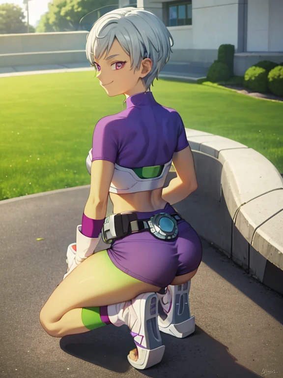  ,  looking at the spectator, smile,  short hair, roca, canon, holding, purple eyes, Arm,  white hair, Teeth, holding Arm, smile, pistol,  kneeling , holding pistol, one knee,  colored leather t-shirt, green skin, explorers, Armdura saiyajin,  strapless ,  torn clothing ,  torn underwear , tight skin, purple shirt,  short sleeves , purple bracelet ,  white gloves ,  belt,  broken bicycle shorts,  purple bottom clothing , socks,  purple leg wear , , white shoes, two-tone shoes ,  wind lift ,  seen from behind, small ass pe 