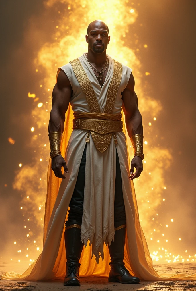 Hollywood actor Dwayne Johnson , bald, wearimg yellow Hindu cloths , ash lines on forhead and chest , dressed as a Hindu poojari holding a traditional Indian lamp and performing pooja in front of a temple, 8 K highly detailed , high quality image.
