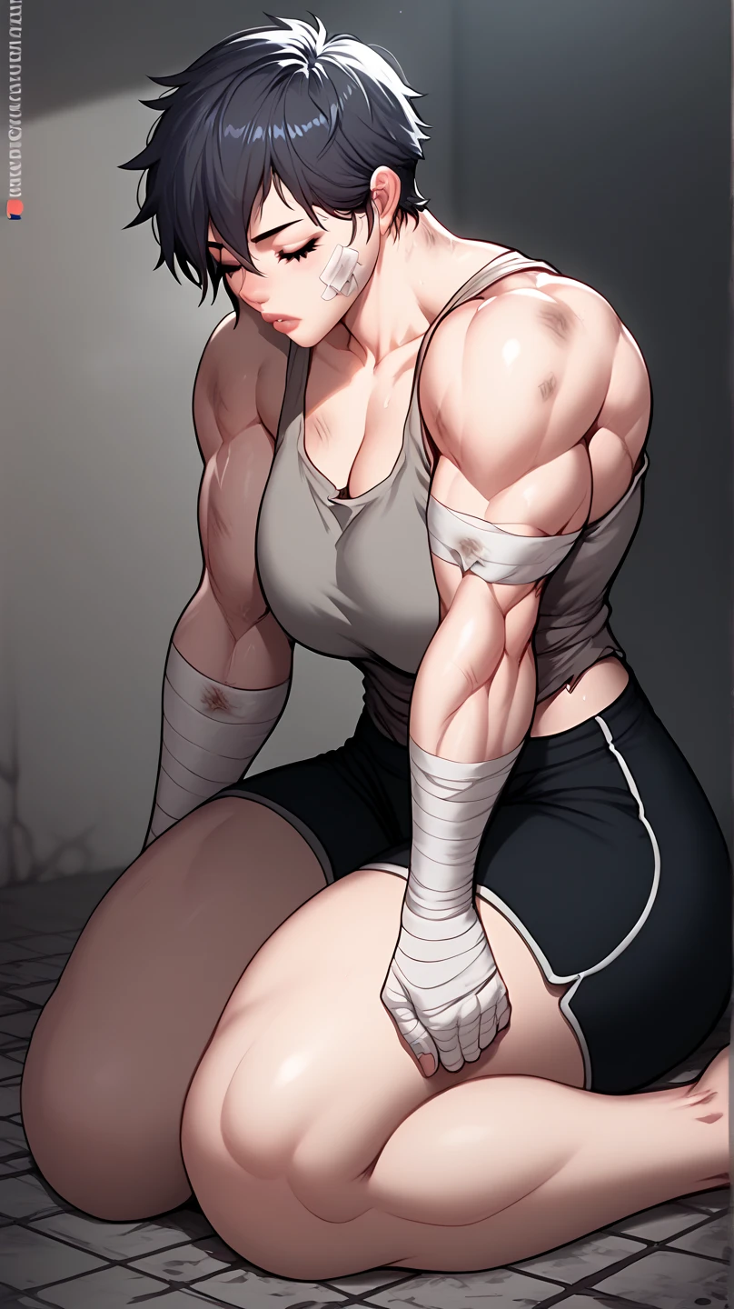 A huge tall muscular woman with black short hair, wearing dirty white tank top and shorts, being held in dirty jail, bandages on arms, bruises, eyes closed, head down, sitting on the ground, wide shoulders, big biceps, hands down on each sides