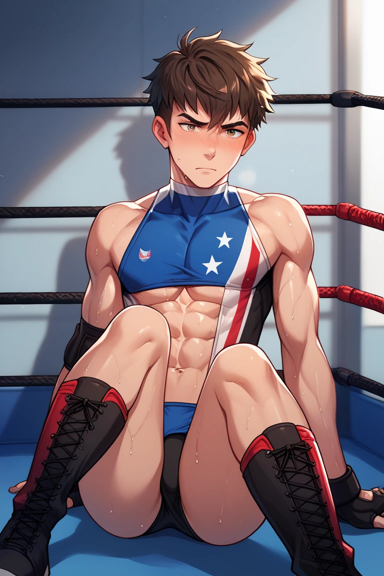 A pro wrestler boy is tied on a ring in an underground arena. BDSM. (High quality illustration:1.1), intricate details, absurd resolution, (a high-teen pro wrestler boy:1.3), sweat, short cut hair, exhausted and disappointed expression, slim body, (wearing a vivid competitive swimsuits and knee-pads:1.1, wrestling boots). good proportion. 