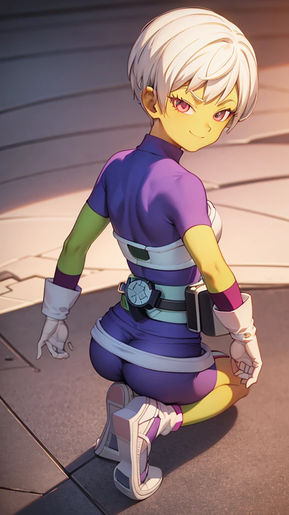  ,  looking at the spectator, smile,  short hair, roca, canon, holding, purple eyes, Arm,  white hair, Teeth, holding Arm, smile, pistol,  kneeling , holding pistol, one knee,  colored leather t-shirt, green skin, explorers, Armdura saiyajin,  strapless ,  torn clothing ,  torn underwear , tight skin, purple shirt,  short sleeves , purple bracelet ,  white gloves ,  belt,  broken bicycle shorts,  purple bottom clothing , socks,  purple leg wear , , white shoes, two-tone shoes ,  wind lift ,  seen from behind, small ass pe 