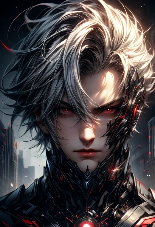 4k, 8k, masterpiece, best quality, full body, perfect quality, 1 boy, handsome face, bright white hair, hair style ( two block cut ), crimson red eyes ( tired gloomy eyes ), dark circles around eyes, wearing high tech armor, emotionless expression , cold look, Shadowverse style, high definition quality, perfect image 