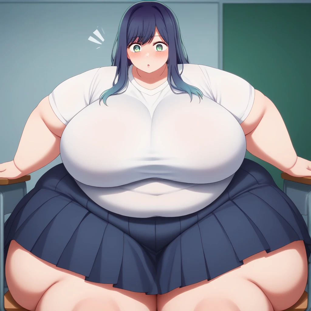 score_9, score_8_up, score_7_up, sauce_anime, ambient light, sunny day,                                                                                                                                                     akane kurokawa, bangs, green eyes , blue hair, long hair, dark blue hair, gradient hair ,surprised eyes,                                                                                                                                    
(tight white buttondown shirt), pleated skirt,                                                                                                                                                                                               indoors, school, class room, (sitting), looking at viewer, solo, blush, large breasts, morbidly obese, obese, gigantic arms and legs, large breasts