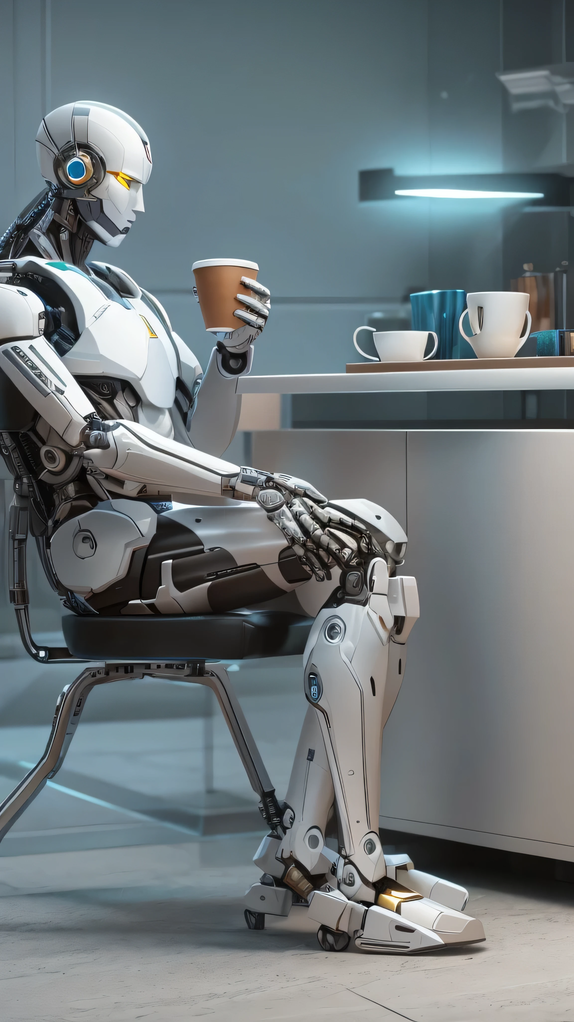  Robot Sitting on a Chair Drinking Coffee, CGSociety ), CGSociety 9,  Cyborg Movie Stills , Arita Photos, high definition CGSociety,  Cyborg Villain Movie Stills , CGSociety uhd highly detailed 4k, Cyborg Movie Pictures , Cool stills,  cybernetic , Highly Detailed Cyborg  