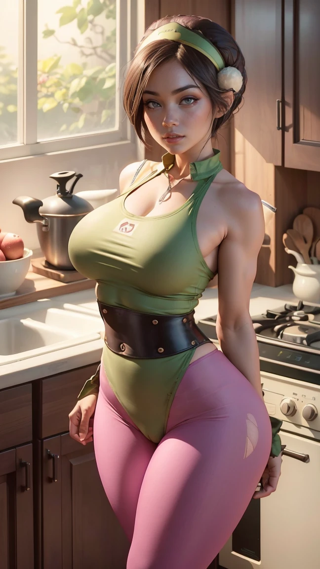 toph beifong ((Vista de cuerpo completo)), (( short straight brown hair)),  Seductive Look ((big breasts very nice legs big buttocks wide hips slim waist )), ((  You are in your kitchen preparing food )) (( dressed in a kitchen apron , pink polo leggings pants,  white sneakers )), posing in a very sexy and sensual way ,  is in your home kitchen , ((big breasts pretty buttocks  )),  large window good lighting ,  4K resolution , large kitchen 