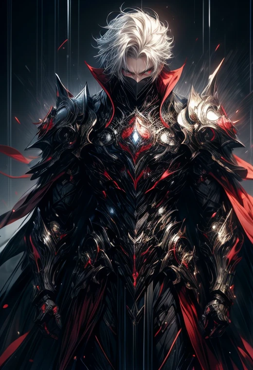 4k, 8k, masterpiece, best quality, full body, perfect quality, 1 boy, handsome face, bright white hair, hair style ( two block cut ), crimson red eyes ( tired gloomy eyes ), dark circles around eyes, wearing high tech armor, emotionless expression , cold look, Shadowverse style, high definition quality, perfect image , full body 