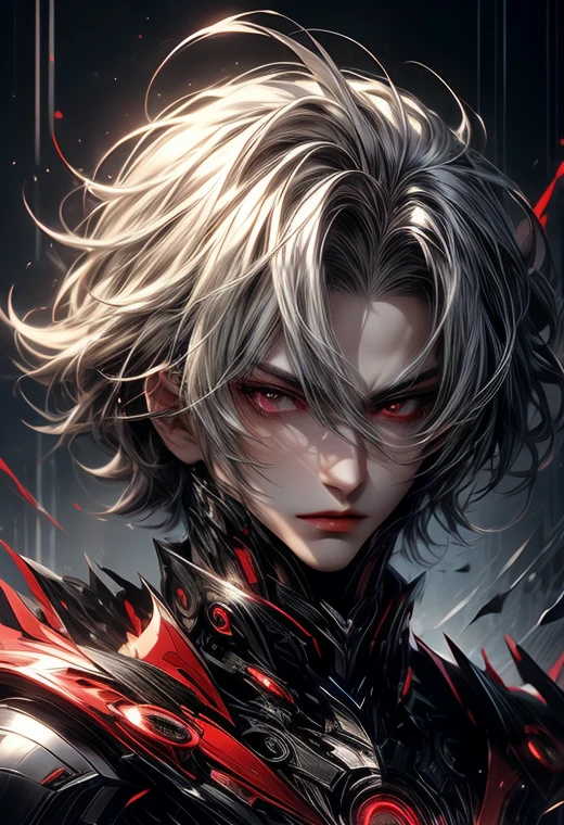 4k, 8k, masterpiece, best quality, full body, perfect quality, 1 boy, handsome face, bright white hair, hair style ( two block cut ), crimson red eyes ( tired gloomy eyes ), dark circles around eyes, wearing high tech armor, emotionless expression , cold look, Shadowverse style, high definition quality, perfect image , full body 