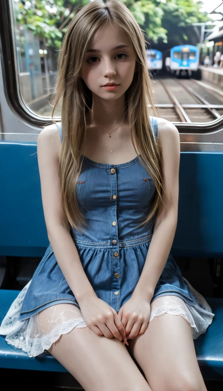 Cute beautiful and lovely pale face, young  sister, a beautiful girl sitting in a train bench, pretty girl, thin girl, young girl, small breasts, slender legs, long hair, straight hair, sitting, (legs open), spread her legs, (sleeping), she is wearing a short denim skirt , (upskirt), you can see her panties, ((white see-through panties)), visible panties, ((cameltoe)), best quality, (masterpiece), 8k