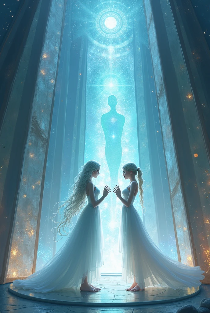 A captivating dark fantasy scene featuring a person with an ethereal aura, projecting their astral form behind another individual who remains in their physical body. Both figures emit harmonious energy, and together, they create a sense of love and warmth. The setting is a mesmerizing crystal room, surrounded by planets and adorned with intricate details. The artwork is cinematic in style, with a blend of light and shadow that adds depth and dimension encapsulates the conceptual essence of this enchanting encounter., cinematic, conceptual art, dark fantasy