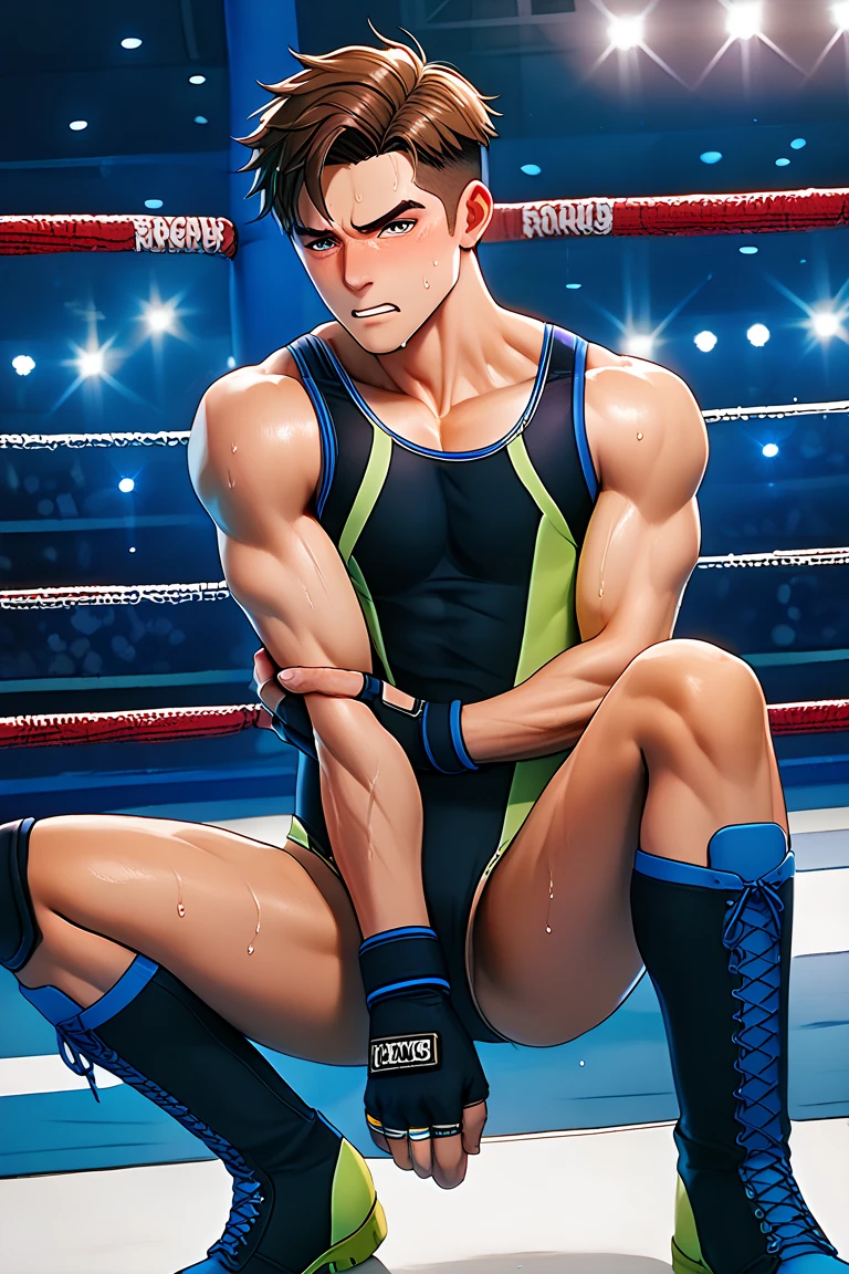 A pro wrestler boy is bound on a ring in an underground arena. BDSM. (High quality illustration:1.1), intricate details, absurd resolution, (a high-teen pro wrestler boy:1.3), sweat, short cut hair, exhausted and disappointed expression, slim body, (wearing a vivid one-piece swimsuit and knee-pads:1.1, wrestling boots). good proportion. 