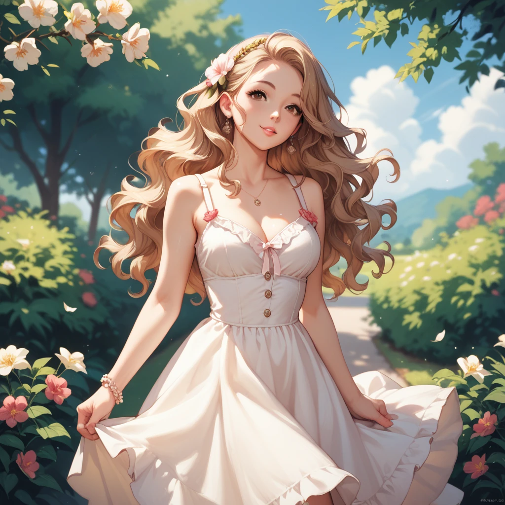 Best Quality, masutepiece, Ultra High Resolution (Photorealistic: 1.4), Raw photo, 1 girl, White Dress, Bare shoulders, A pink flower garden blooms profusely, Glowing skin, slight smile
