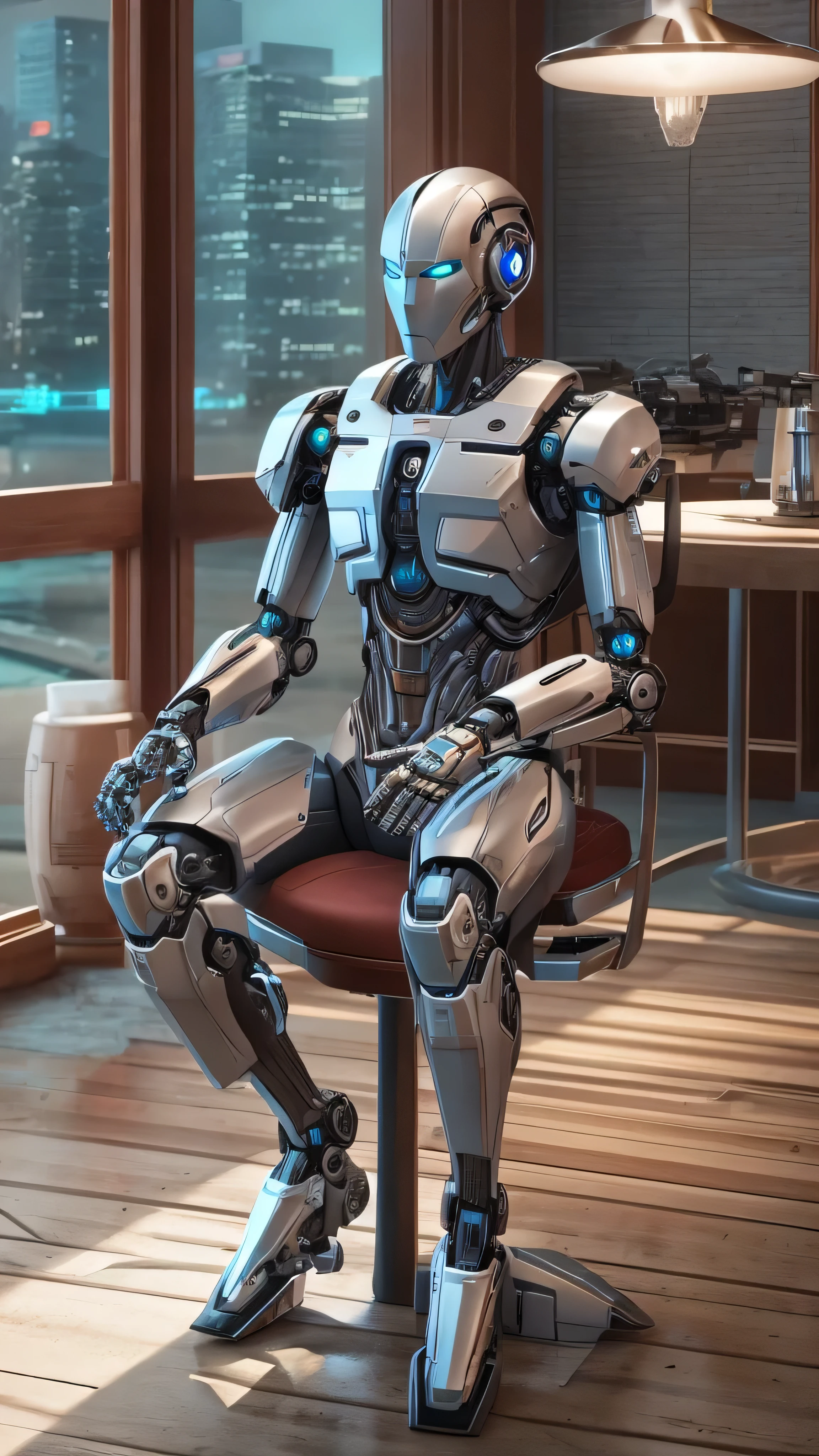  Robot Sitting on a Chair Drinking Coffee, CGSociety ), CGSociety 9,  Cyborg Movie Stills , Arita Photos, high definition CGSociety,  Cyborg Villain Movie Stills , CGSociety uhd highly detailed 4k, Cyborg Movie Pictures , Cool stills,  cybernetic , Highly Detailed Cyborg  