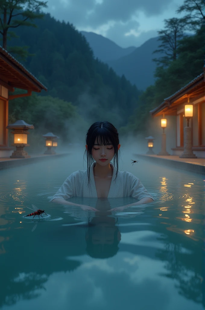 dramatic light, artistic photography, inside a bamboo traditional bathroom, window open showing landscape japan village, dramatic under shading photo treatment, traditional bath in japan village, backlight full body from behind of beautiful japanese woman, face detail, good human anatomy, wearing short motif kimono, take a shower bath in bathroom traditional japan, water pouring to her body, hyper realistic, good anatomy