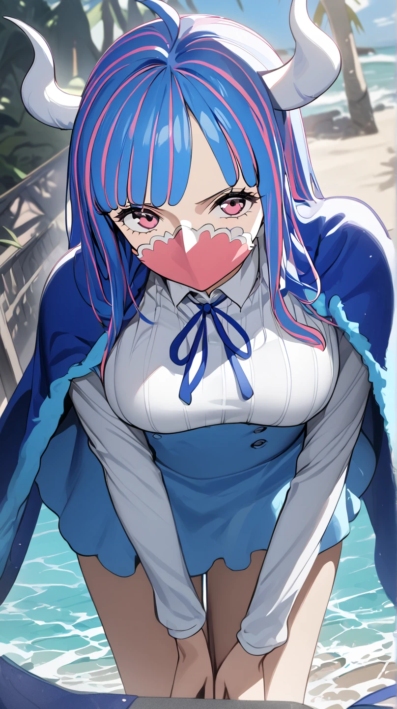  top quality, masterpiece,  high definition , 

 adult ,  long hair,   Multi Colored Hair  ,  blue hair,  ,2 smooth white horns,  pink eye,  neck ribbon, pink mask,,  Blue Cape ,  Ribbed knit shirt,  white shirt,  Long Sleeve ,  High Waist Skirt ,  blue skirt, 1 girl , solo, Seaside, angle from above , high angle,slightly larger breasts
On all fours, closeup 