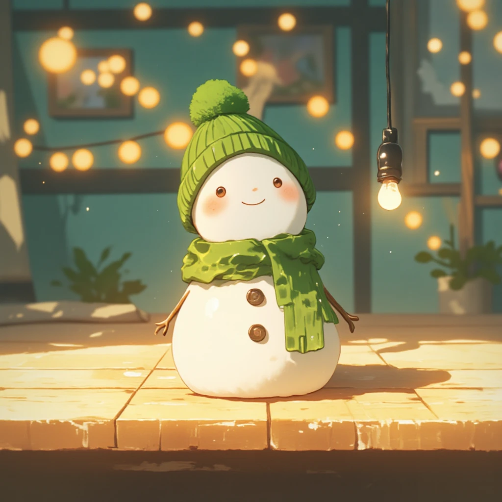 Illustration in style of pattern2 ,A whimsical small toy Daikon-snowman is sitting on a wooden table. The snowman has a green knitted hat with a pom-pom on the top of it.  smile on his face. he is wearing a green scarf around his neck. A small light bulb is hanging from a black cord on the right side of the table. A blurry background of lights can be seen in the distance.