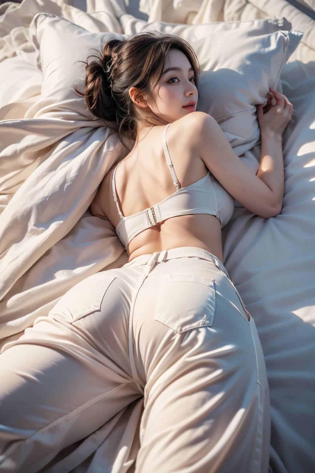 ((masterpiece, Top quality, high resolution, Highly detailed CG unified 8k wallpaper)), Girl eats genitals in bed, (Lying on white sheets, Wearing ultra-thin pants:1.5), Smile happily, Open your mouth, Big Ass, Thighs exposed, View from behind, Watch from below, Colorful wallpaper,