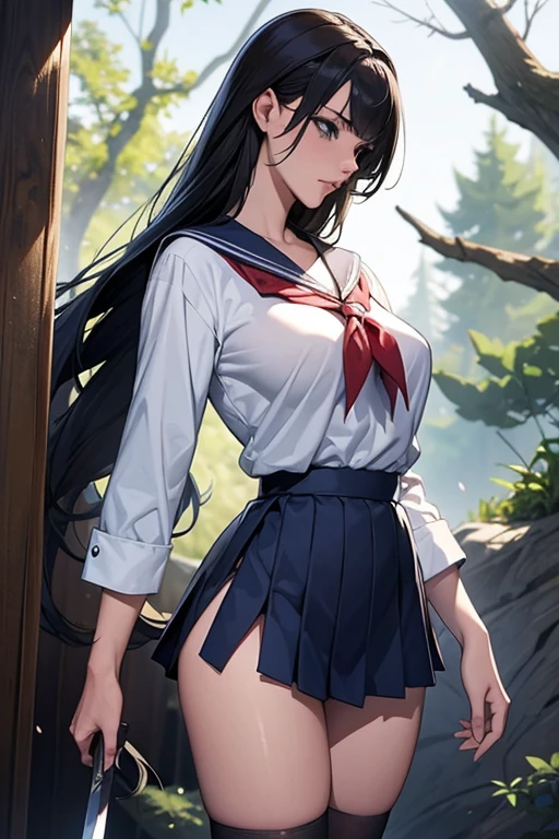 1 female,45 years old,Married women's breasts,Long legs,Big breasts and thin waist, 照片曝Light,(background:In the woods,Rainforest,In the summer,gale) She has long black hair,Extra long hair,Long hair flying,Straight Hair,Red lips,stand up,Front view, OK, Gloomy sky,(((masterpiece),(Highly detailed CG Unity 8k wallpaper),最OK质量,Light,详细background,Beautiful blue eyes,(Very delicate and beautiful),(Beautiful and detailed description of the eyes),Ultra Detailed,masterpiece,)),Facing the camera,high resolution,Ultra Detailed),Exposing breasts,Exposing genitals, Convex,Camel toe,Sexy bulge,primary school student(wear:Sailor Suit,Sailor hat,White pantyhose)