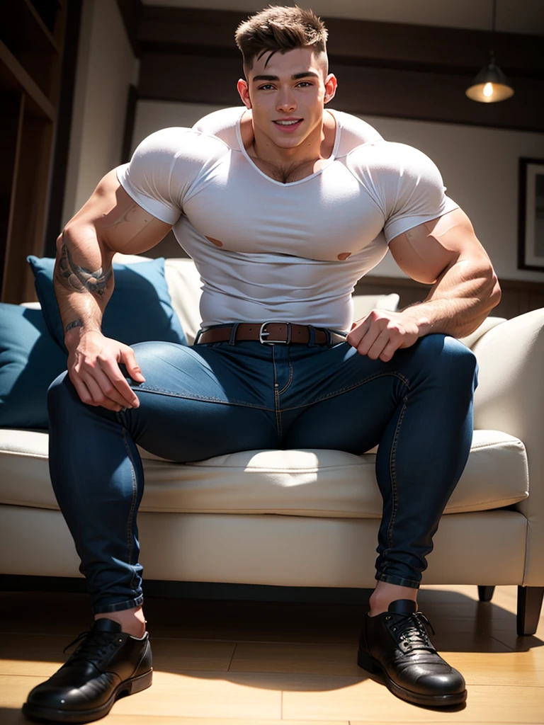 (absurderes, A high resolution, Ultra detailed, hdr), Masterpiece, Best quality, Portrait of a boy, Handsome boy with red eyes, Detailed face, Professional photo, The Arafed man went into battle shirtless, Fight comfortably，legs are open, (puffynipple(From below:1.1)), Focus on your audience,18 year old boy, Handsome boy, [ A well-defined body ]，Light blue shirt opening，Abs，chest muscle，short white pants，large bulge，Black leather shoes，Close-up of feet，prinz，the Lion