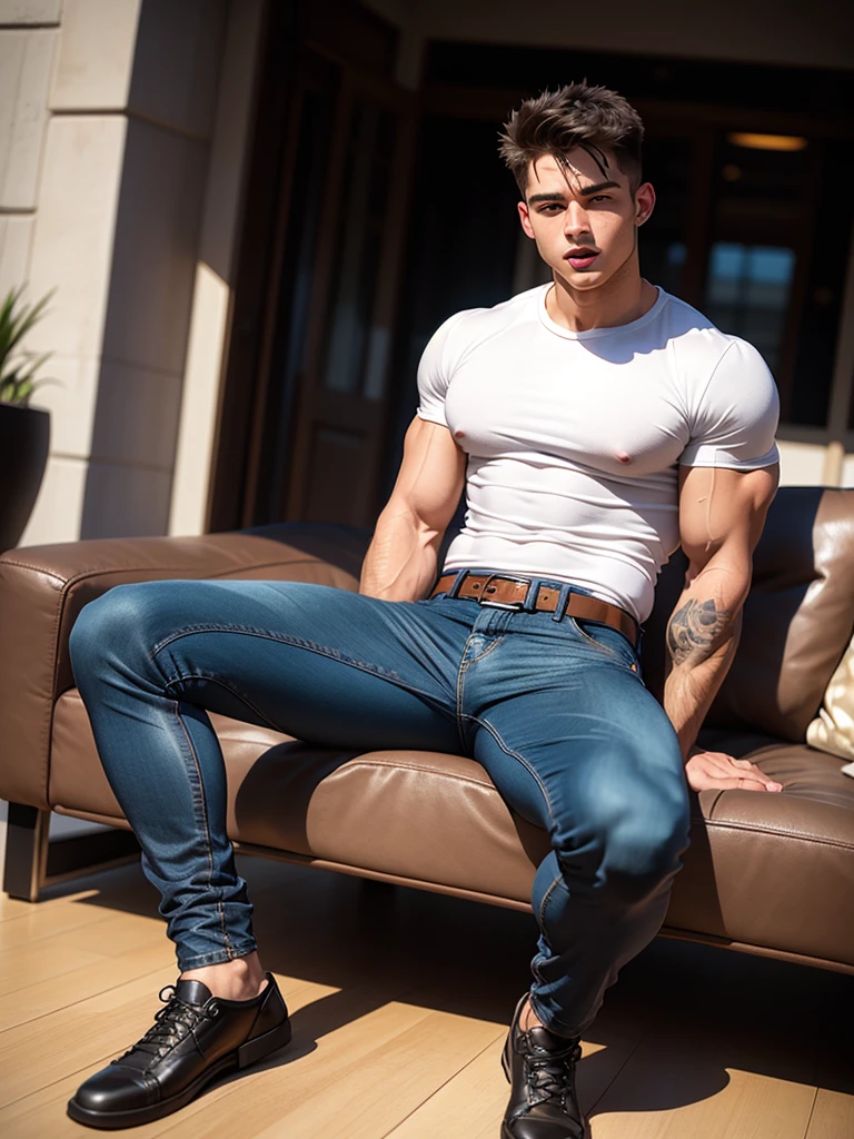 An Athletic hunk man with very short hair, vintage lingerie,  glossy stockings, bra, very high stiletto heels with pointy toes, earrings, bra ,nylons and makeup, tight jeans