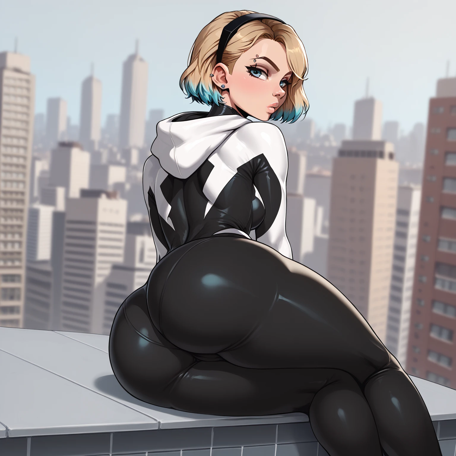 score_9, score_7_up 1girl, solo, gwen stacy, bodysuit, ass, looking at viewer, multicolored hair, city, depth of field, rooftop, sitting, ass support, skin tight, piercing