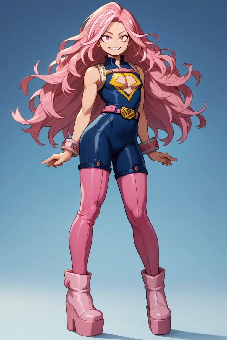 screenshot of Boku no Hero Academia. Boku no Hero Academia. A young girl , model, of long, wavy golden hair with fuchsia pink highlights . He wears his heroine suit, which is a short black jumpsuit, that does not have straps but that covers the chest and buttocks well . At chest height, there are two pink stripes that form a "V". From under the chest , On both sides, there is a pink stripe curved inwards that reaches the hips . At the waist there is a pink belt with a diamond in the middle . He wears wide high boots with a pink platform . Full body image.