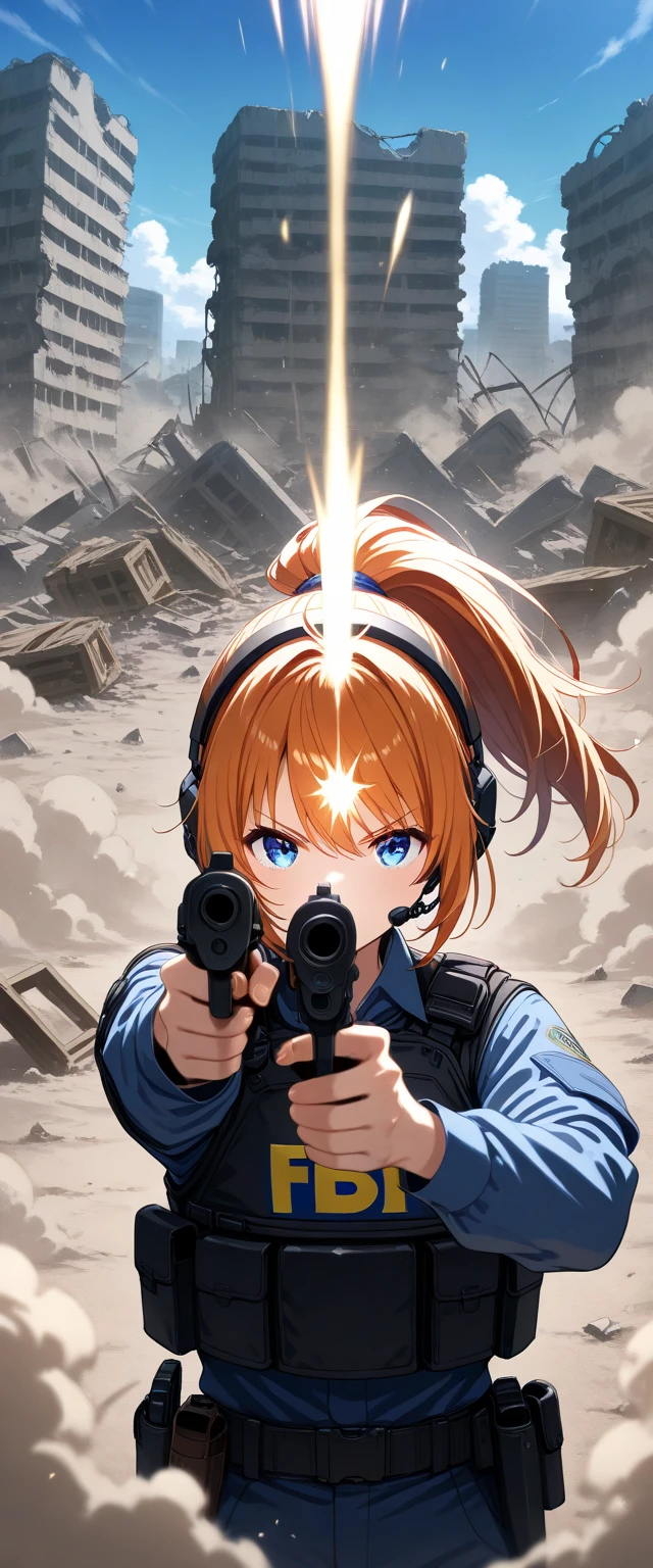 One Woman, Ponytail,Beautiful Eyes,Beautiful Hair,Beautiful Skin,Beautiful Face,serious,whole body,(pointing pistol:1.6),Pistol,("FBI"),shirt,Black bulletproof vest,Combat Boots,Black Tactical Forster,Tactical Headset,(The background is the rubble of ruins),(depth of field),(Dust dances ),( Dynamic:1.3),( upper body up ),(Close-up of the gun barrel),(美しい瞳),(風になびく髪:1.0),(Firing a gun)