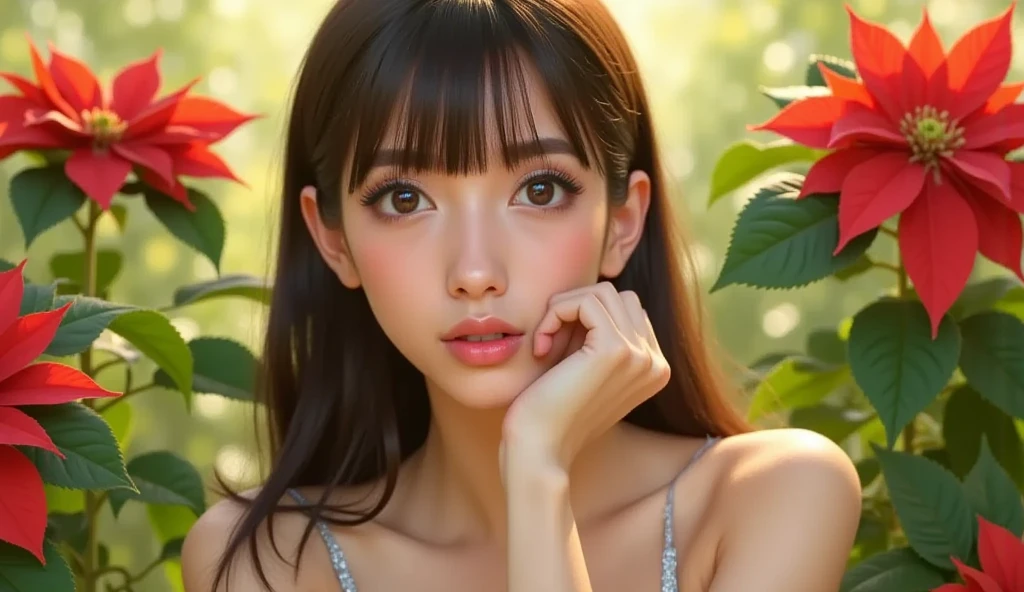Beautiful Japan woman, nice perfect face with soft skin, small face with nose and rose-like lips, beautiful eyes, beautiful smile. Black thin long beautiful hair bathed in a vivid etheric glow, facing front in the center, extreme close-up shot, navy short top with wide apple green pants, bright colorful background, photorealistic, masterpiece, highest quality, super detail, HDR, 8K