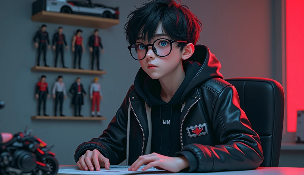 A young boy around the age 20's in hoodie with his hoodie cap covering his head to the eye level seated in front of a desk with appears to be a pent house with a nighttime cityscape view behind him, and on the desk is podcast mic and open laptop. i want the image to to a close up shot