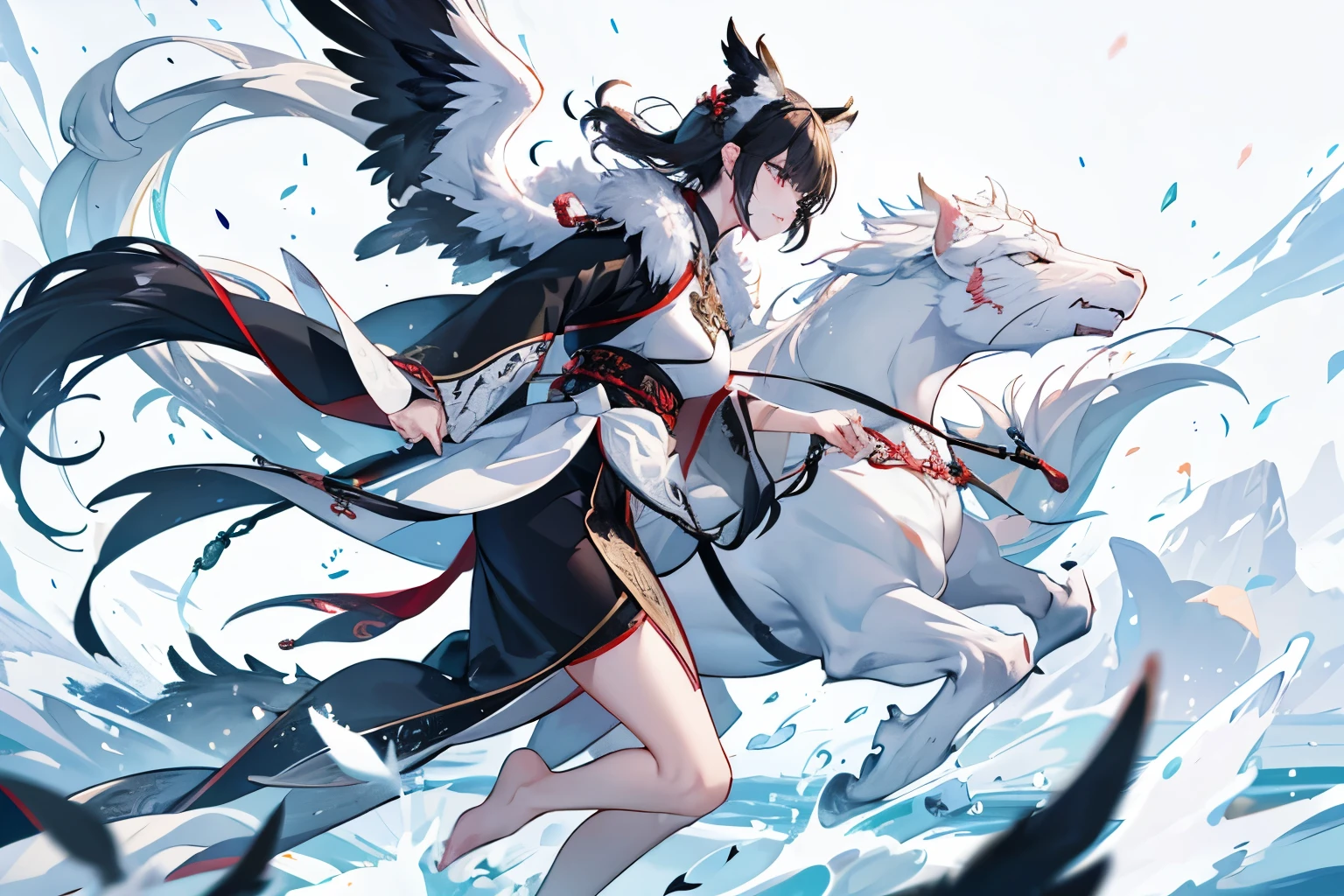  the white dragon with wings to the right、The long-tailed black tiger to the left 、 battle scene