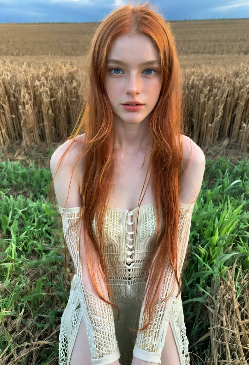 ((intricate details, pale skin)), solo, very detailed, detailed face, very long hair, picture of a beautiful young woman, dasha_taran, sfw, ((natural orange hair)), High Definition RAW Photography, 16k photography, (full body, zoomed out), perfect body, athletic, standing, delicate facial features, pretty face, detailed full body, visible from head to knees, (bright sky-blue eyes:1.2), mesmerizing eyes, emotive longing expression, (cinematic, film grain:1.1)