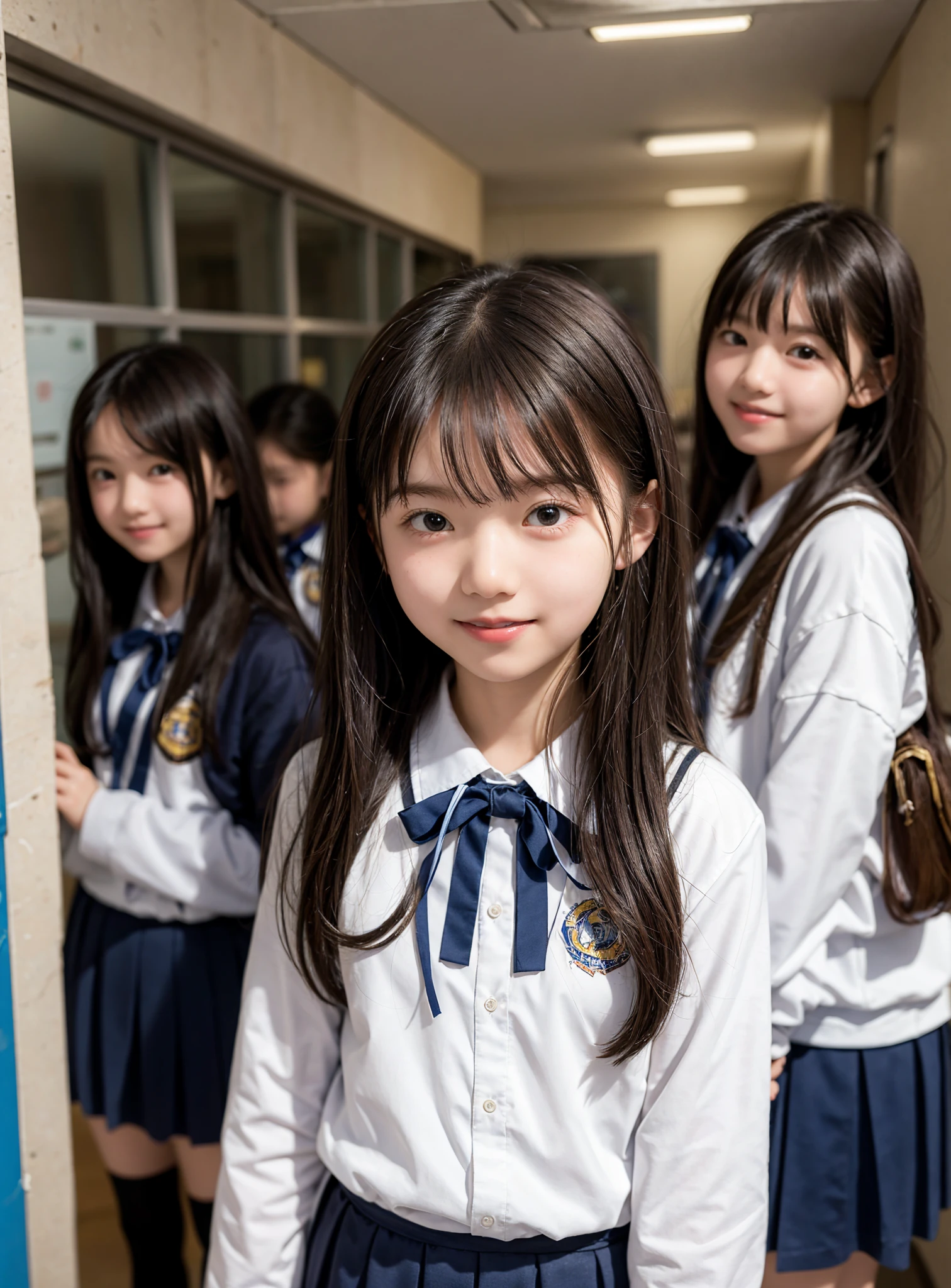  s,Middle school students quietly line up before entering the classroom,cute, Masterpiece, Details,smile