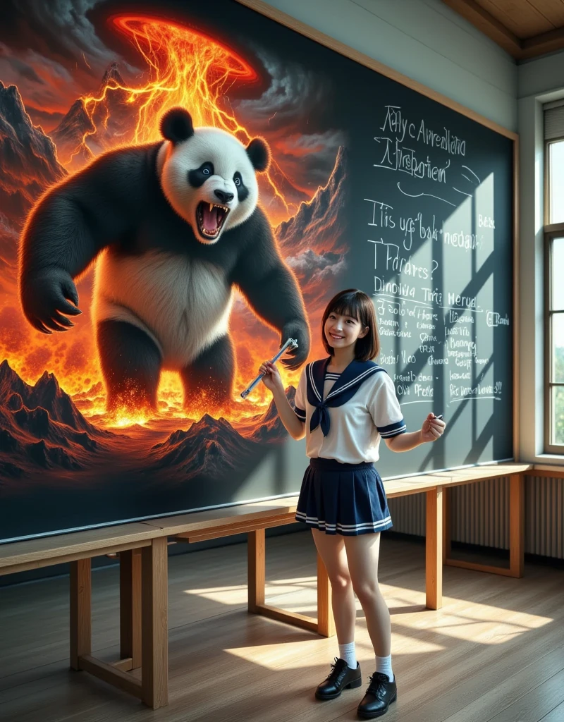 ultra-realistic, photorealistic, dramatic scene, shadow, global-illumination, solo, (perfect anatomy), (1 beautiful teenage Japanese high school  girl), wearing high school sailor uniform, in a classroom, the girl is drawing\(very realistic Muay Thai fighter vs. terrifying man-eating panda, there are the shouting Muay Thai fighter and terrifying panda with fang, volcano, thunder, giant meteorite, Muay Thai fighter shows extremely painful expressions\) on a large blackboard using only chalk, professional lighting, peaceful sunny day, (very large blackboard), (A blockbuster artwork on a blackboard), she is holding a chalk and looking at viewers